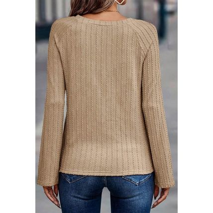Khaki Ribbed Round Neck Knit Long Sleeve Top