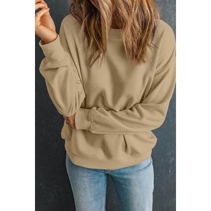 Khaki Solid Classic Crewneck Pullover Sweatshirt