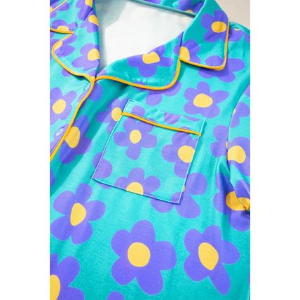 Green Flower Print Short Sleeve Shirt Pajamas Set