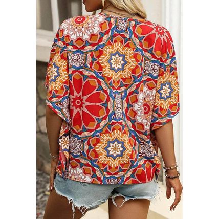Red Floral Print Batwing Sleeve V Neck Blouse