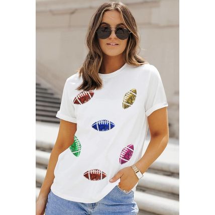 White Sequin Rugby Football Pattern Crewneck T Shirt