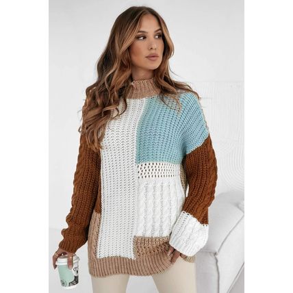 Khaki Mix Textured Knit Colorblock Patchwork Sweater