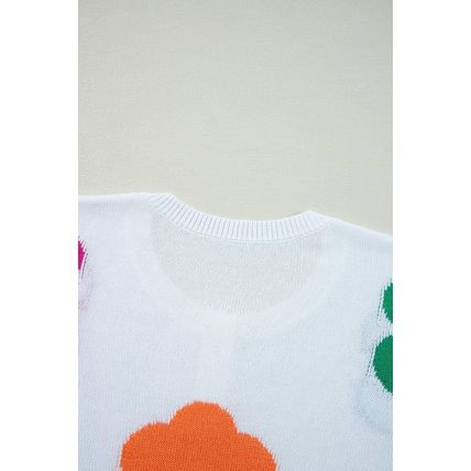 White Floral Print Buttoned Loose Lightweight Sweater