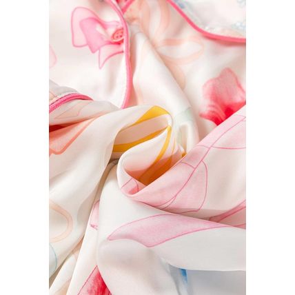 White Bow Knot Print Lapel Collar Wide Leg Satin Pajama Set