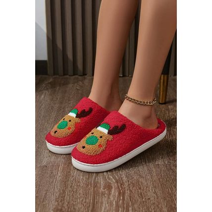 Fiery Red Christmas Reindeer Pattern Thick Sole Plush Slippers