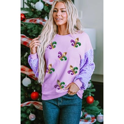 Orchid Petal Sequin Patchwork Long Sleeve Fleur de Lis Patched Pattern Top