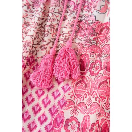 Red Boho Pattern Print Tassel Drawstring High Waist Maxi Dress