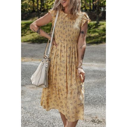 Yellow Boho Floral Print Ruffle Smocked Flowy Summer Dress