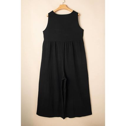 Black Plus Size Sleeveless Button Front Loose Jumpsuit