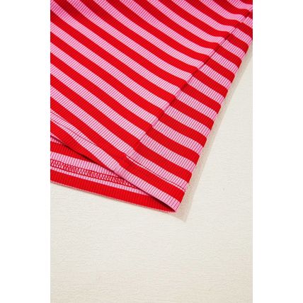 Red Stripe Ribbed Cap Sleeve Round Neck T Shirt