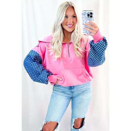 Bonbon Checkered Patchwork Kangaroo Pocket Half Zipper Hoodie