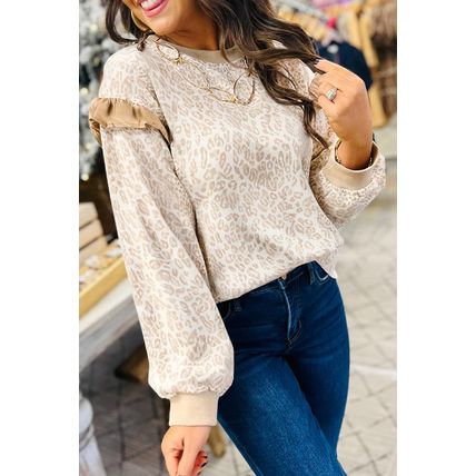 Khaki Leopard Ruffle Detail Ribbed Trim Round Neck Sweatshirt