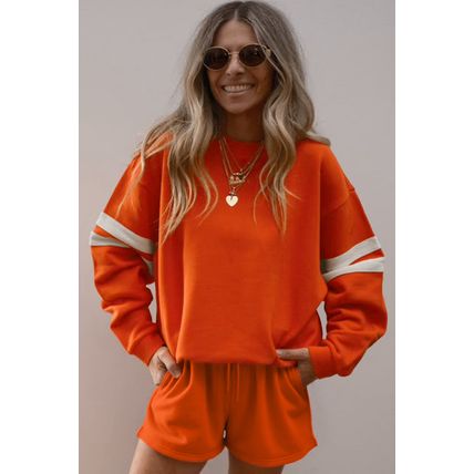 Orange Varsity Striped Sleeve Drop Shoulder Sweatshirt and Short Set