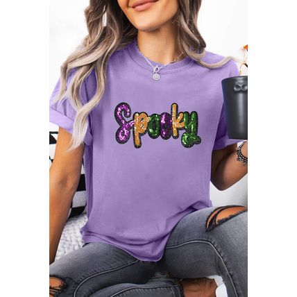 Wisteria Spooky Sequin Letter Patched Cotton Blend T Shirt