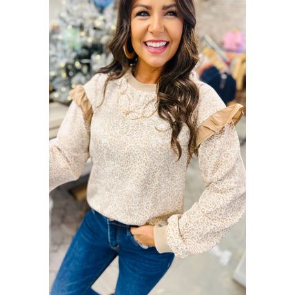 Khaki Leopard Ruffle Detail Ribbed Trim Round Neck Sweatshirt