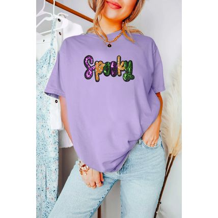 Wisteria Spooky Sequin Letter Patched Cotton Blend T Shirt