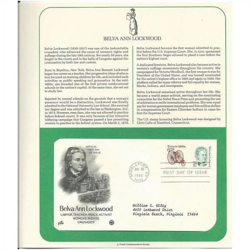 BELVA ANN LOCKWOOD ' OFFICIAL FIRST DAY of ISSUE ' (1986)