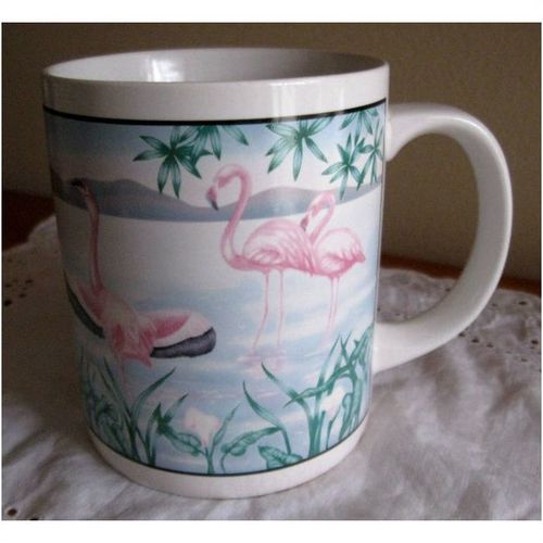 Coffee / Tea Mug With Flamingo Water Scene Design in pastel pink, green & blue