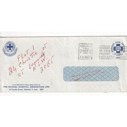 Australia 1968 Mutual Hospital Assn Adelaide to St Leonards NSW cover written VG