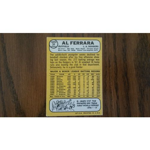 1968 Topps Card # 034 Al Ferrara Very Good-Excellent (4) Los Angeles Dodgers