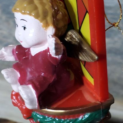 Christmas Treasures Ornament Cherub Angel on Stained Glass Throne - Vintage 70's