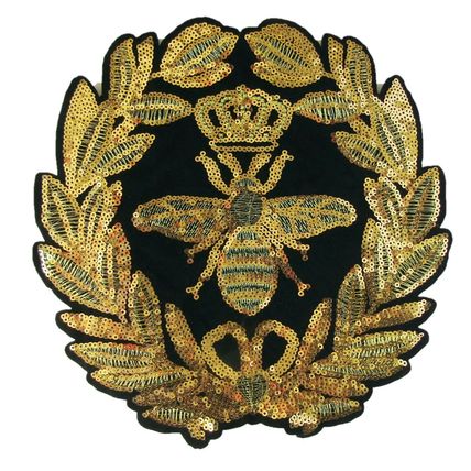 Royal Bee Sequin Sew On Patch Large Gold Velvet Black 23.5cm x 23cm Motif P083