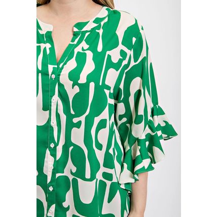 Women's Green & White Geometric Print Ruffled Bell Sleeve Woven Top