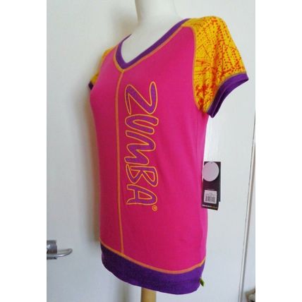 Zumba short sleeved V neck Tee Top Fuchsia Pink multi XS UK 8