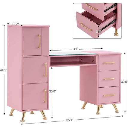 Barberpub Manicure Table, Nail Makeup Desk with Drawers, Storage Beauty Salon Wo
