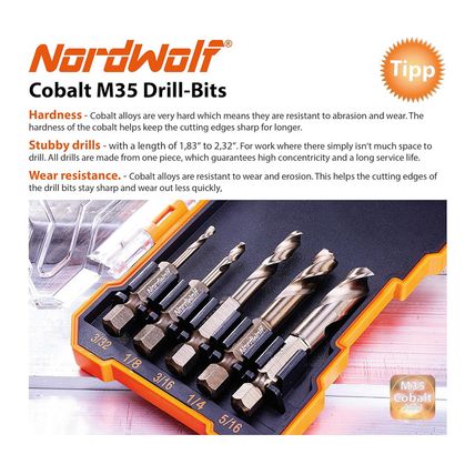 Nordwolf 5-Piece M35 Cobalt Stubby Drill Bit Set for Stainless Steel & Hard Meta