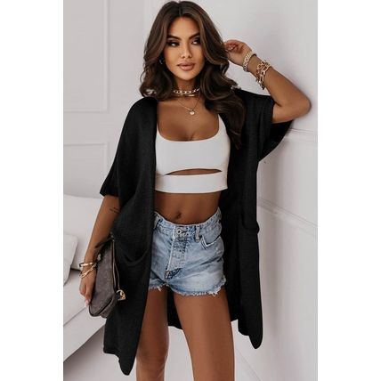 Black Dolman Half Sleeve Pocketed Long Cardigan
