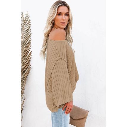 Brown Exposed Seam Ribbed Knit Dolman Top