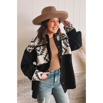 Black Aztec Patchwork Buttoned Corduroy Shacket