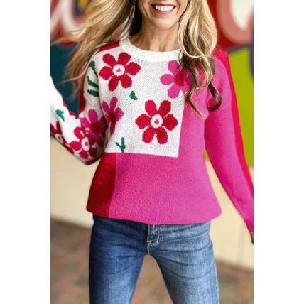 Rose Red Floral Mixed Color Block Sweater