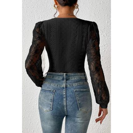 Black Frenchy Contrast Lace Bishop Sleeve Bodysuit