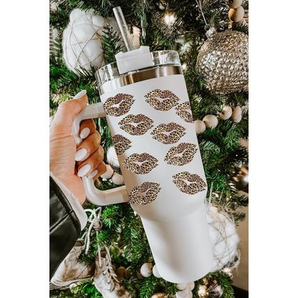 White Valentine Leopard Lips Print Thermos Cuo with Straw