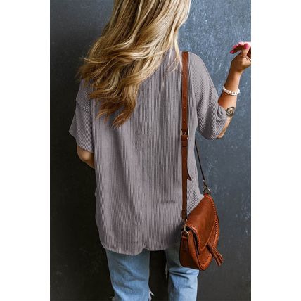 Light Grey Corded V Neck Chest Pocket Loose T-shirt