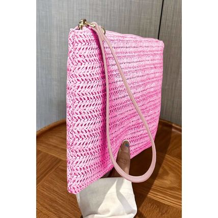 Rose Red Straw Woven Wrist Strap Zipper Large Wallet