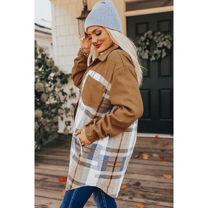 Khaki Plaid Patchwork Long Sleeve Shirt Mini Dress