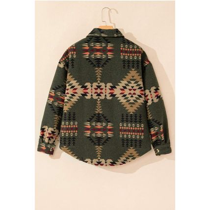 Green Aztec Print Flap Pockets Long Sleeve Shacket