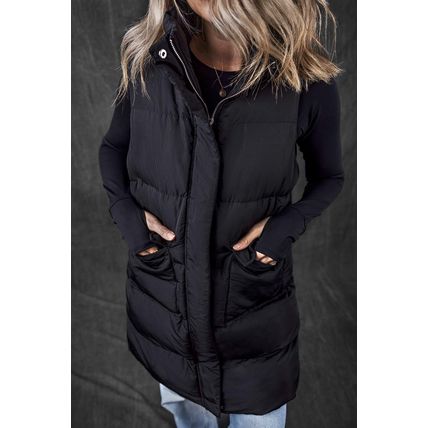 Black Windproof Longline Full Zipper Puffer Vest with Pockets
