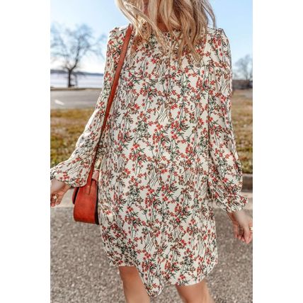 White Floral Printed Long Sleeve Mini Dress