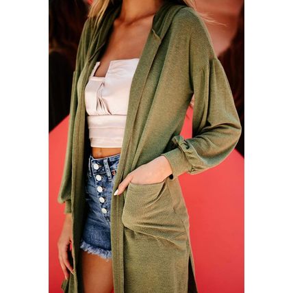 Guacamole Green Hooded Side Split Open Kimono with Pocket