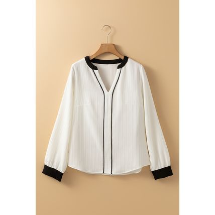 White Textured Colorblock V Neck Elegant Blouse