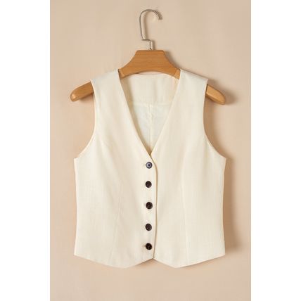 White Slim Fit Buttoned V Neck Vest