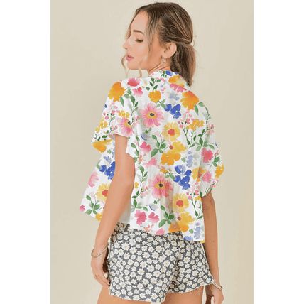 Yellow Floral Boxy Fit Ruffled Short Sleeve V Neck Blouse