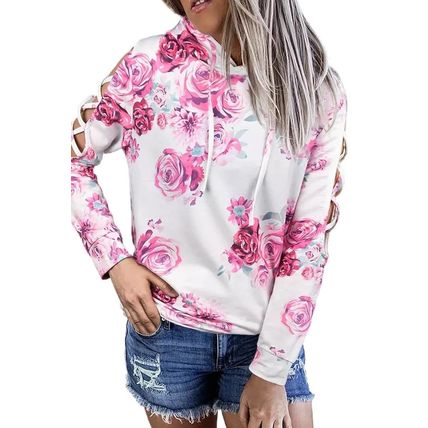 White Floral Print Criss-Cross Cold Shoulder Hoodie