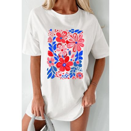 White Floral Print Half Sleeve Round Neck Oversized Tee