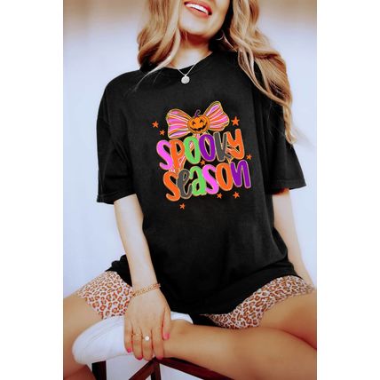 Black SPOOKY SEASON Halloween Pumpkin Bow Print T Shirt