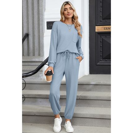 Dusk Blue Solid Color Ribbed Loose Long Sleeve Top Casual Pant Set